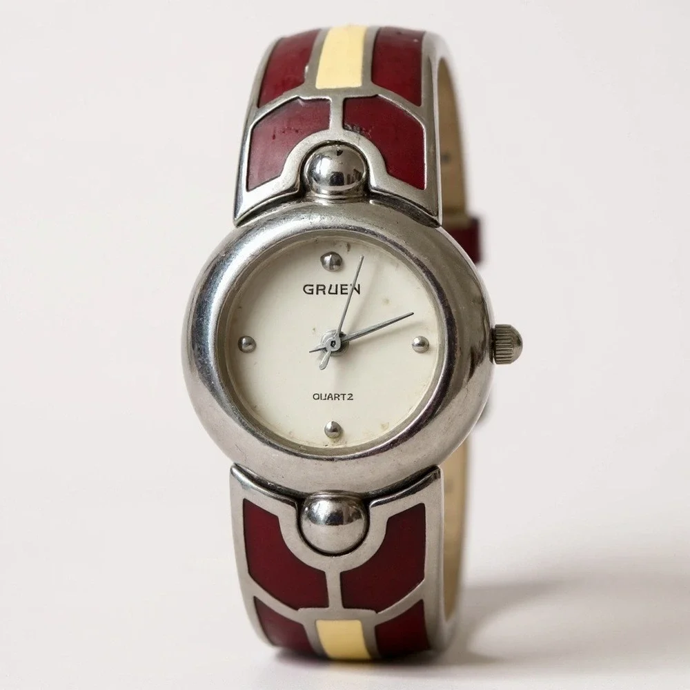 Gruen Quartz Bangle Watch Red and‎ Silver Tone Stylish Womens Jewelry